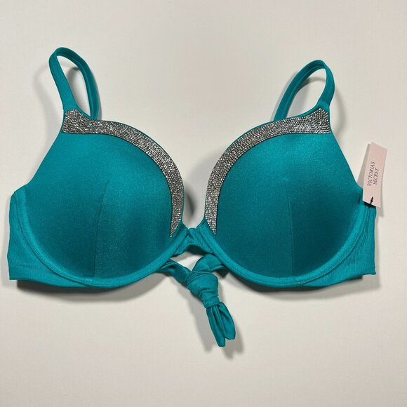Victoria Secret 36DDD VERY SEXY Push Up Bikini Top Shine Back Tie Capri Sea Blue - Picture 2 of 6